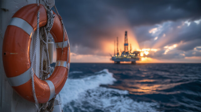 Sunlight breaking through heavy clouds illuminates bright life buoy on ship railing, offshore drilling platform rising against dynamic sky, ocean rippling below