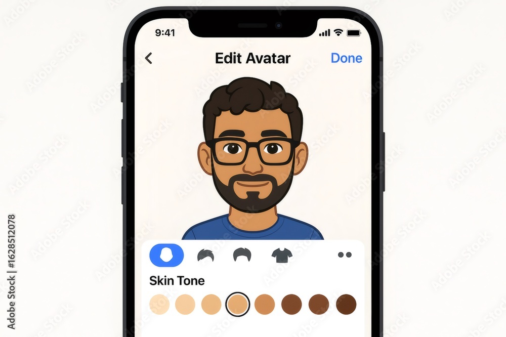 Poster close up of mobile phone screen showing avatar customization app, focusing on skin tone selection fe