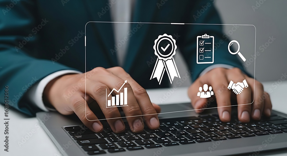 Poster business professional analyzing data and performance metrics on a laptop with holographic icons symb