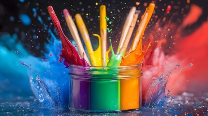 Vibrant rainbow colored paints erupt from a glass jar with wooden handled brushes standing amidst the swirling splashes of color against a dark studio background.