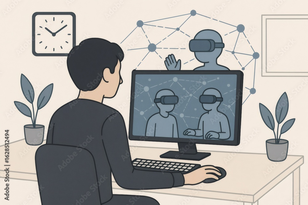 Poster office worker using computer and attending virtual meeting with colleagues wearing virtual reality h