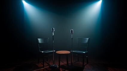 Dramatic stage setup with two vintage microphones, chairs, and table under piercing blue spotlights