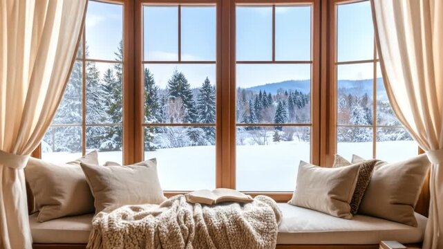 Interior View of a Cozy Window Seat Overlooking a Snowy Mountain Landscape with Beige Curtains and Neutral Tones