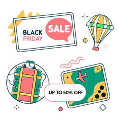 Illustration of black friday sale advertisement with travel icons like a suitcase and hot air balloon design