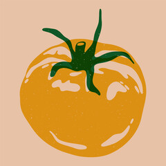 Yellow tomato. Fresh organic vegetable, raw farm food with green leaf risograph style, abstract healthy salad ingredient with vitamins flat style. Vector illustration