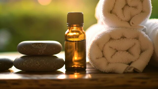 Experience soothing spa treatments and wellness rituals with aromatic oils and hot stones for ultimate relaxation in this tranquil scene
