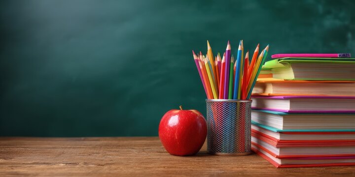 The colorful pencils and apple on the school desk ready for learning. - Powered by Adobe