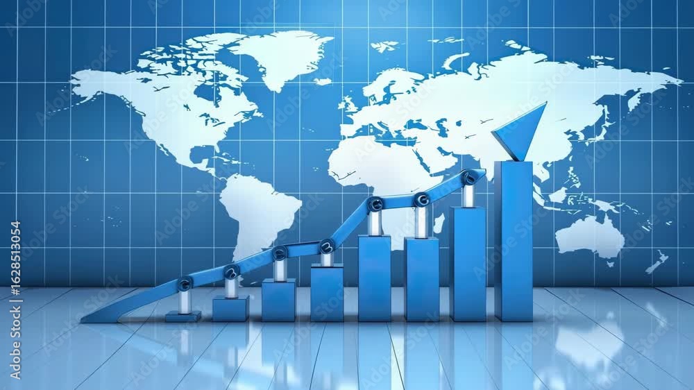 Poster a dynamic display highlights growth trends using a graph set against a world map, emphasizing key da