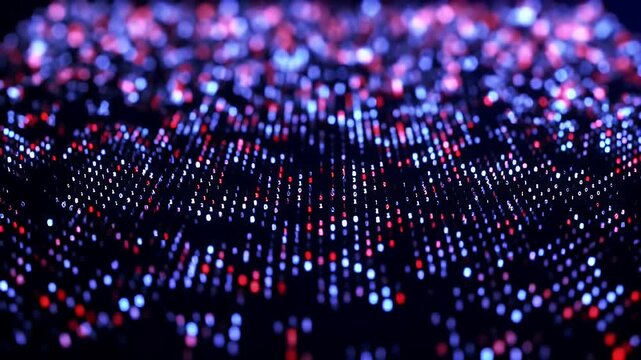 Digital rain of binary code, zero and one, with blue and red dots, on a dark background, out of focus