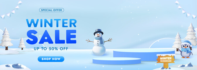 Podium Winter Sale Advertisement Featuring Snowman and Penguin in a Snowy Wonderland