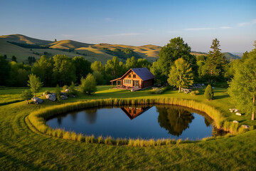 Scenic Log Cabin Retreat by a Serene Pond Surrounded by Lush Greenery Under a Clear Blue Sky