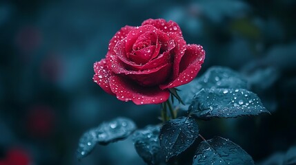Crimson Rose with Raindrops Elegant Floral Beauty on a Moody Blue Backdrop.