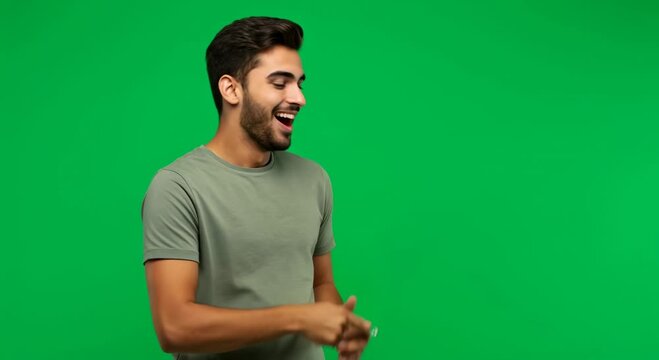 Man pointing to side with index finger on green screen front-facing natural pose generative ai
