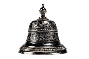 Ornate silver bell, detailed engraving, isolated on black