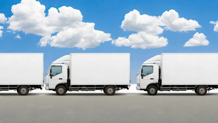 Multiple delivery trucks are positioned in a row under a clear blue sky with clouds, showcasing logistics and transport activities