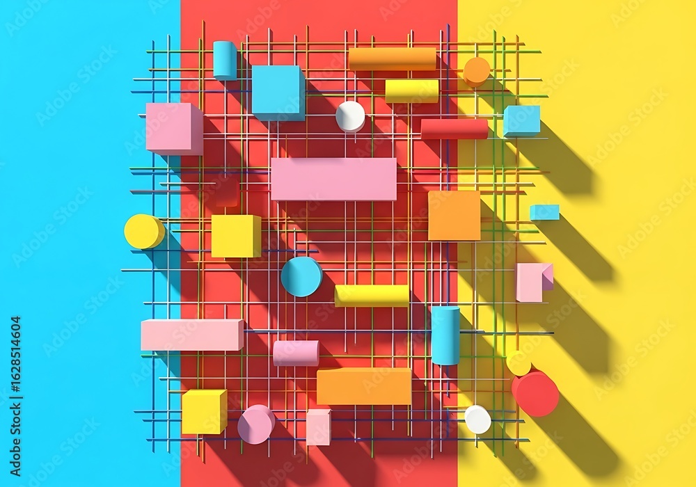 Poster 3d illustration of an abstract geometric composition featuring colorful shapes arranged on a grid wi