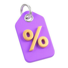 3d icon of a purple tag with a golden percentage symbol, isolated on a transparent background, representing discounts and sales