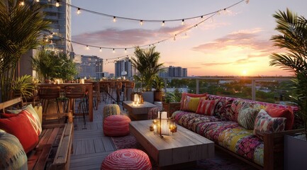 Rooftop bar at sunset, vibrant and stylish