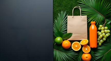 Healthy food and drink with paper bag and palm leaves