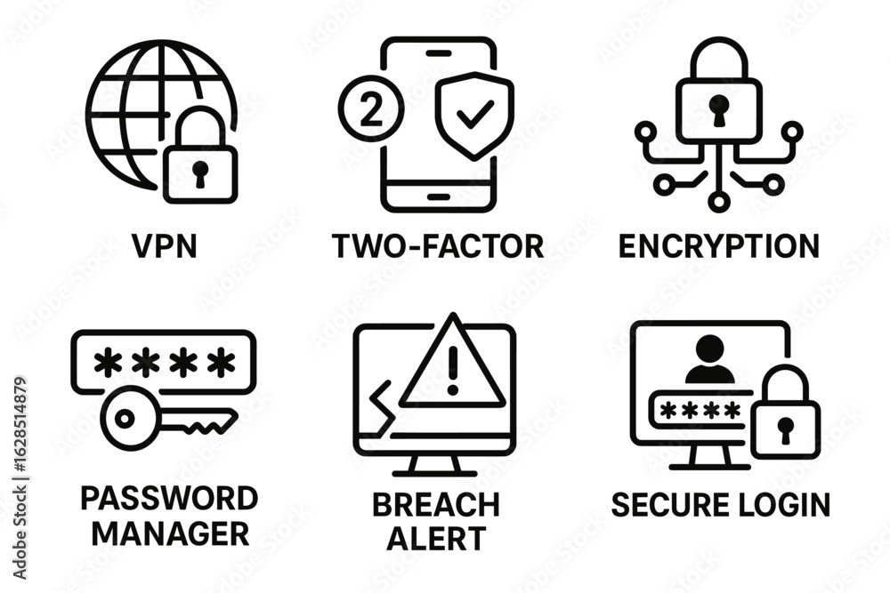 Poster cybersecurity essentials: vpn, two-factor authentication, encryption, password management, secure lo