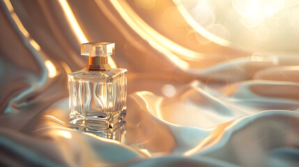 Naklejka premium luxurious perfume bottle standing on mirrored surface, dramatic soft spotlight from above, blurred silk fabric in background, sensual and elegant mood, cinematic beauty ad, 16:9