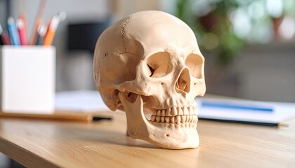 Human skull on a wooden table