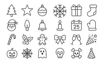 Fototapeta premium Holiday icons: christmas and halloween line art collection