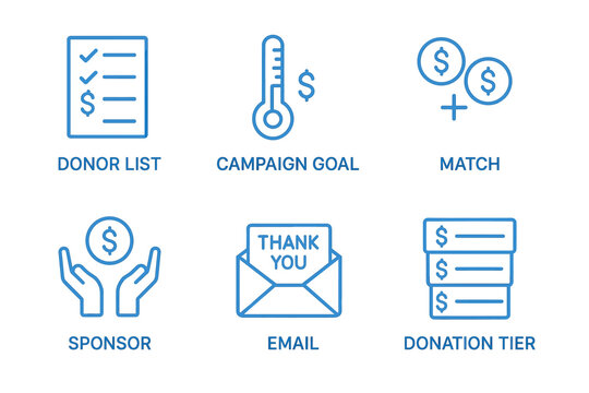 Fundraising icons set: donor list, campaign goal, sponsor support, and more