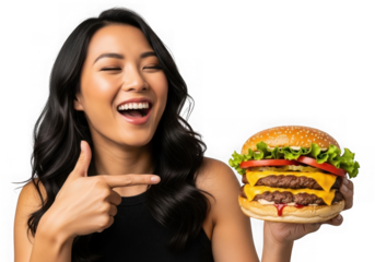 Woman pointing at delicious burger isolated on transparent background