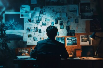 Detective studies a pinboard filled with photos and notes, connecting clues in a dimly lit room, unraveling a complex investigation