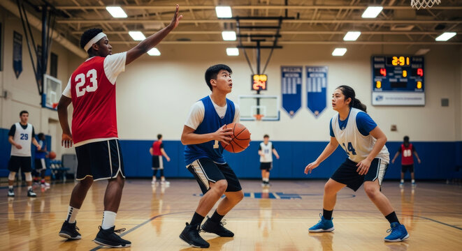 Multi-ethnic teenage athletes play basketball in school gym. Player dribbles while defender guards during competitive practice session with scoreboard visible in background