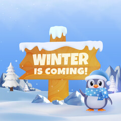 Cute Winter Scene Featuring Penguin and Sign with Snowy Landscape