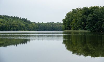 The still, glassy water of a lake perfectly reflects the dense green forest that lines its shores on a calm, overcast day. Picture taken on a holiday trip to Ińsko, Poland with my Sony a7III