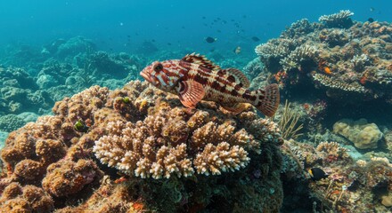 Colorful Coral Grouper Resting on Vibrant Coral Reef, Underwater Scene