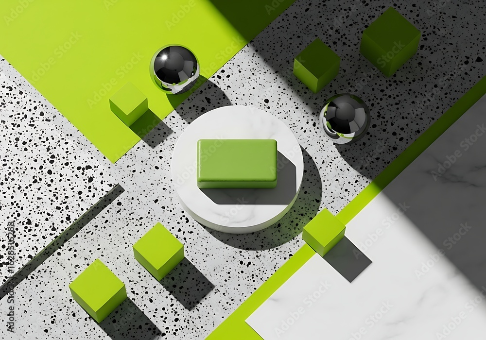 Poster 3d illustration of a modern geometric design featuring green cubes and chrome spheres on a textured 