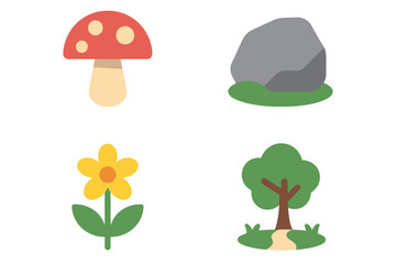 Cartoon icons of mushroom, rock, flower, and tree on white background