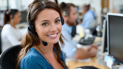Smiling Agent in Focus: A warm, friendly customer service agent, with a headset, offering her assistance, radiating approachability and professionalism, engaging face to face with clients. 