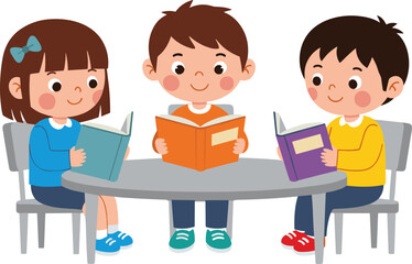 Children reading cartoon illustration, three kids at round table, colorful books, learning, education, school, study, teamwork, fun, engaging