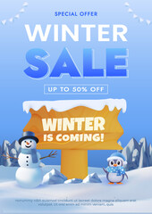 Poster Winter Sale Promotional Banner With Snowman and Penguin Character