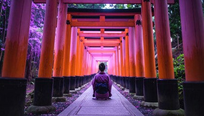 Woman at Fushimi Inari Shrine with Kyoto, and Japan Iconic torii gates.