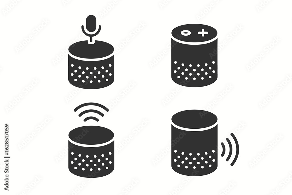 Poster set of black smart speaker icons with microphone and volume control symbols