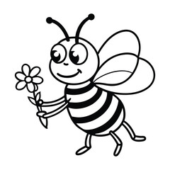 Cute Cartoon Bee Holding a Flower in Black and White Illustration