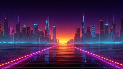 Futuristic cityscape at dawn, neon-lit highway