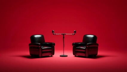 Striking Red Studio Set with Two Black Leather Armchairs and Dual Microphones for an Interview