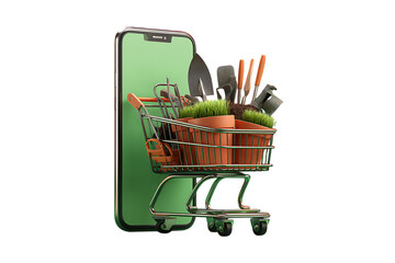 Gardening tools and plants in a shopping cart on a smartphone.