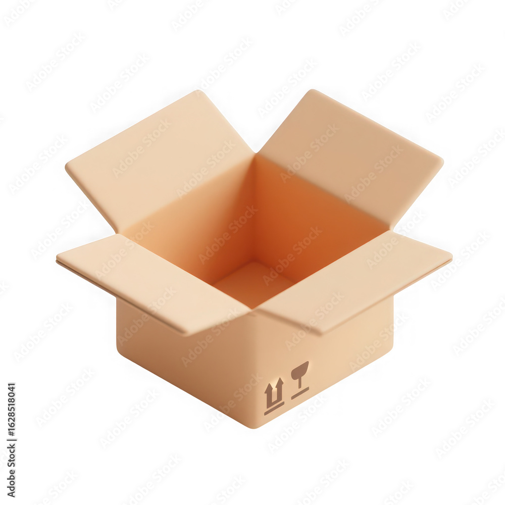 Poster 3d icon of an open empty cardboard box isolated on a transparent background, ready for shipping and 