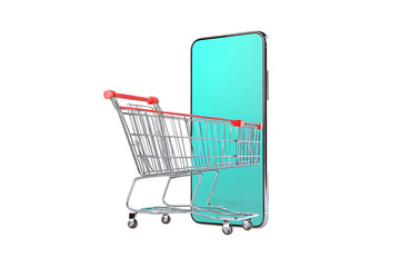 Shopping cart next to smartphone. Online shopping concept.