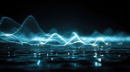 Abstract digital landscape.  Light blue waveforms over dark reflective surface