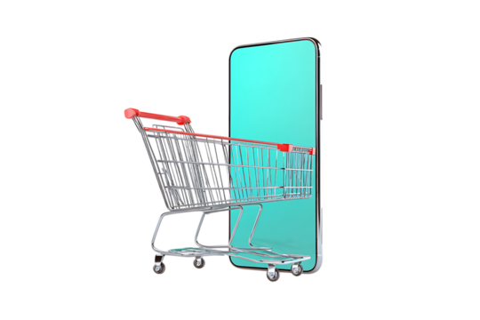 Shopping cart next to smartphone. Online shopping concept. - Powered by Adobe