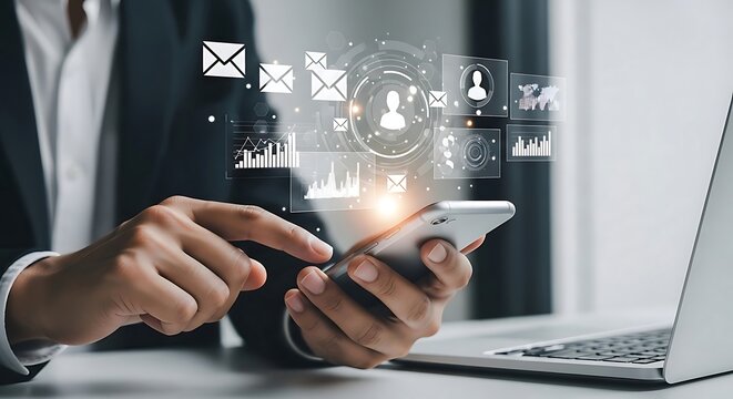 Business professional using a smartphone to access a digital network of global communication and social media icons